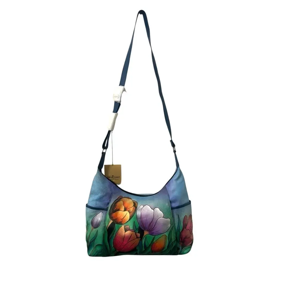 NWT! Anuschka Hand Painted Tulips Leather Hobo Handbag with Card Wallet
